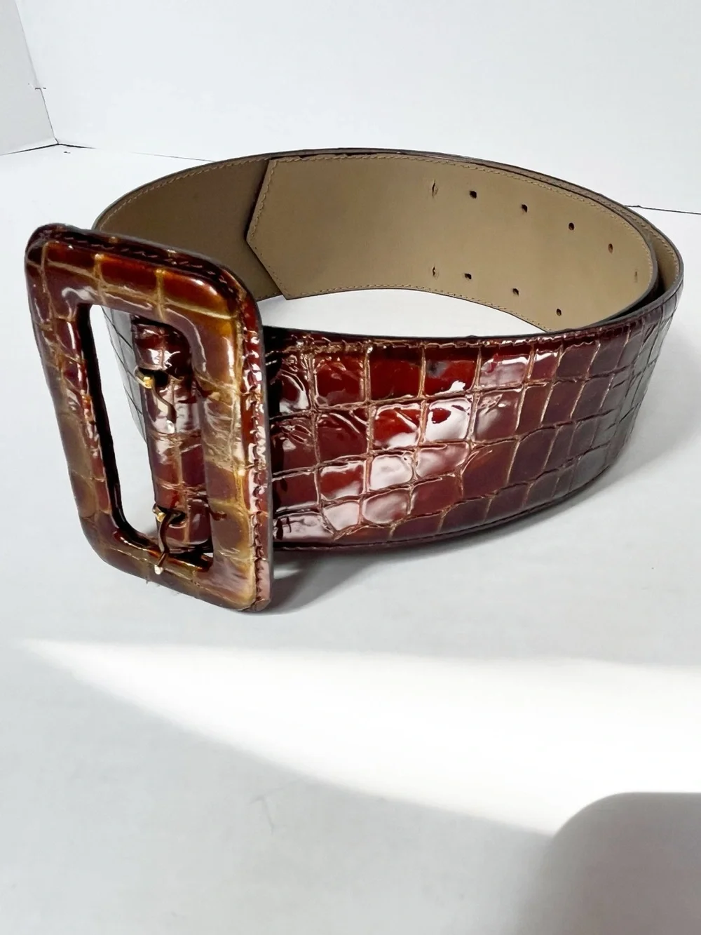 Valentino Miss V Wide Patent Alligator Embossed Leather Belt Brown Sz Medium